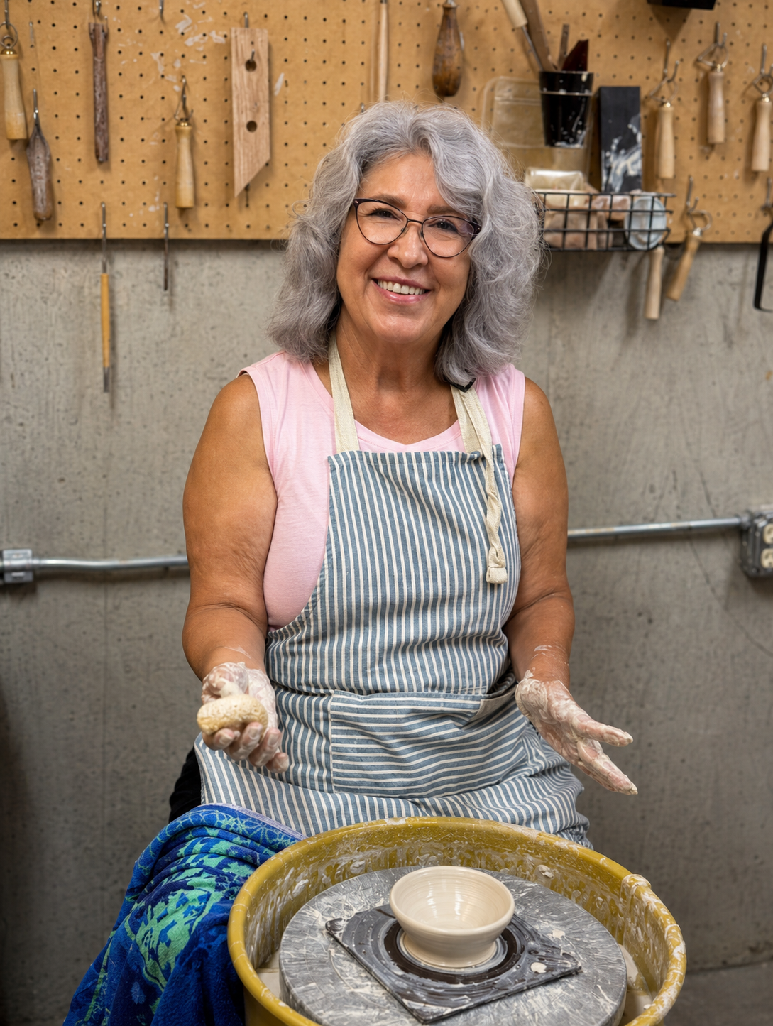 A host enjoying the pottery wheel during a private studio experience in Fort Wayne