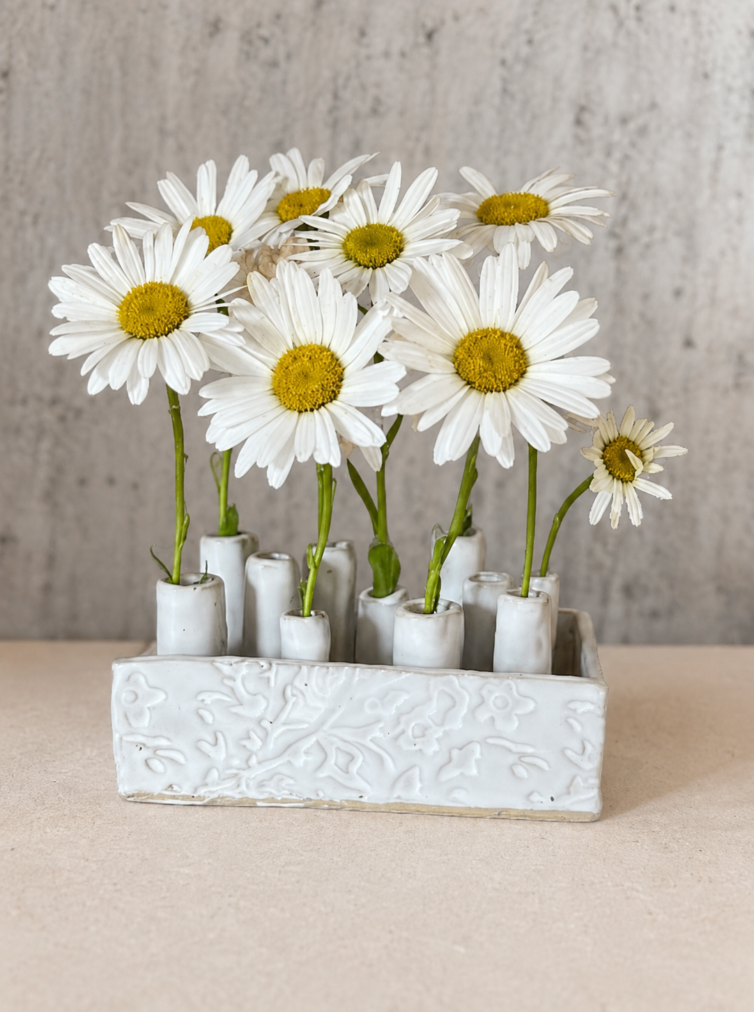 White textured bud vase tray holding fresh daisies