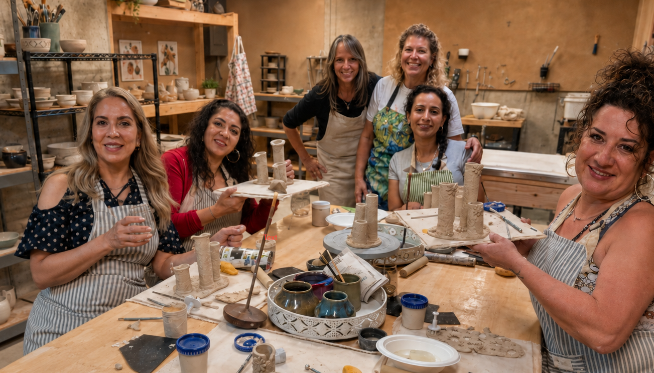 A group of friends gathered around a pottery table, shaping clay together in our Fort Wayne home-based studio