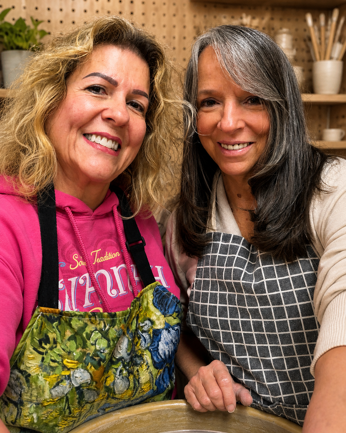 Two potters working side by side at the wheel in a bright studio