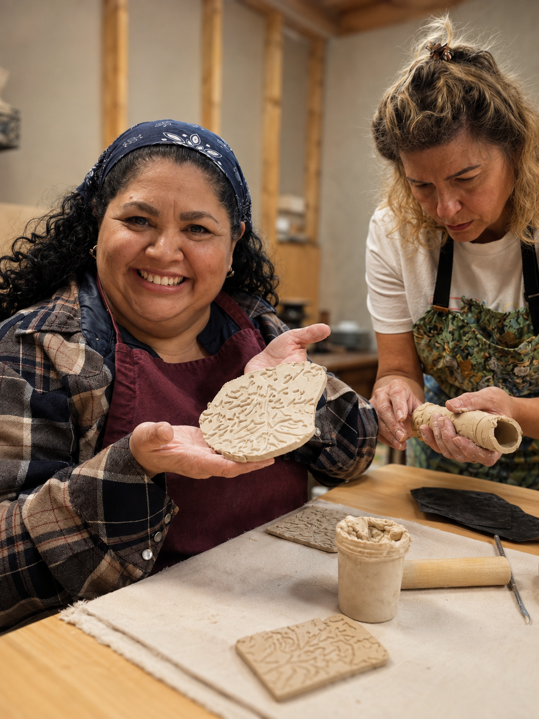 A guest showing off a textured hand-built clay piece