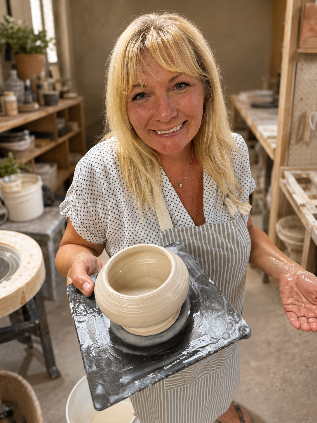 A maker smiling while holding a freshly thrown bowl on a bat