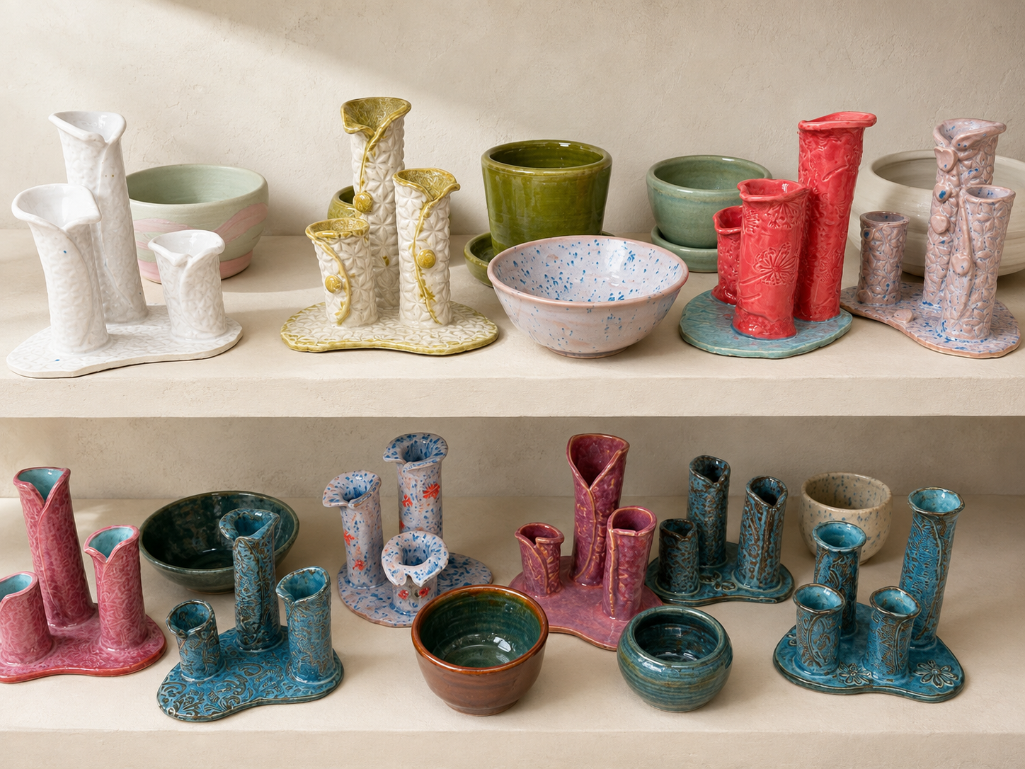 Colorful finished pottery pieces arranged on studio shelves