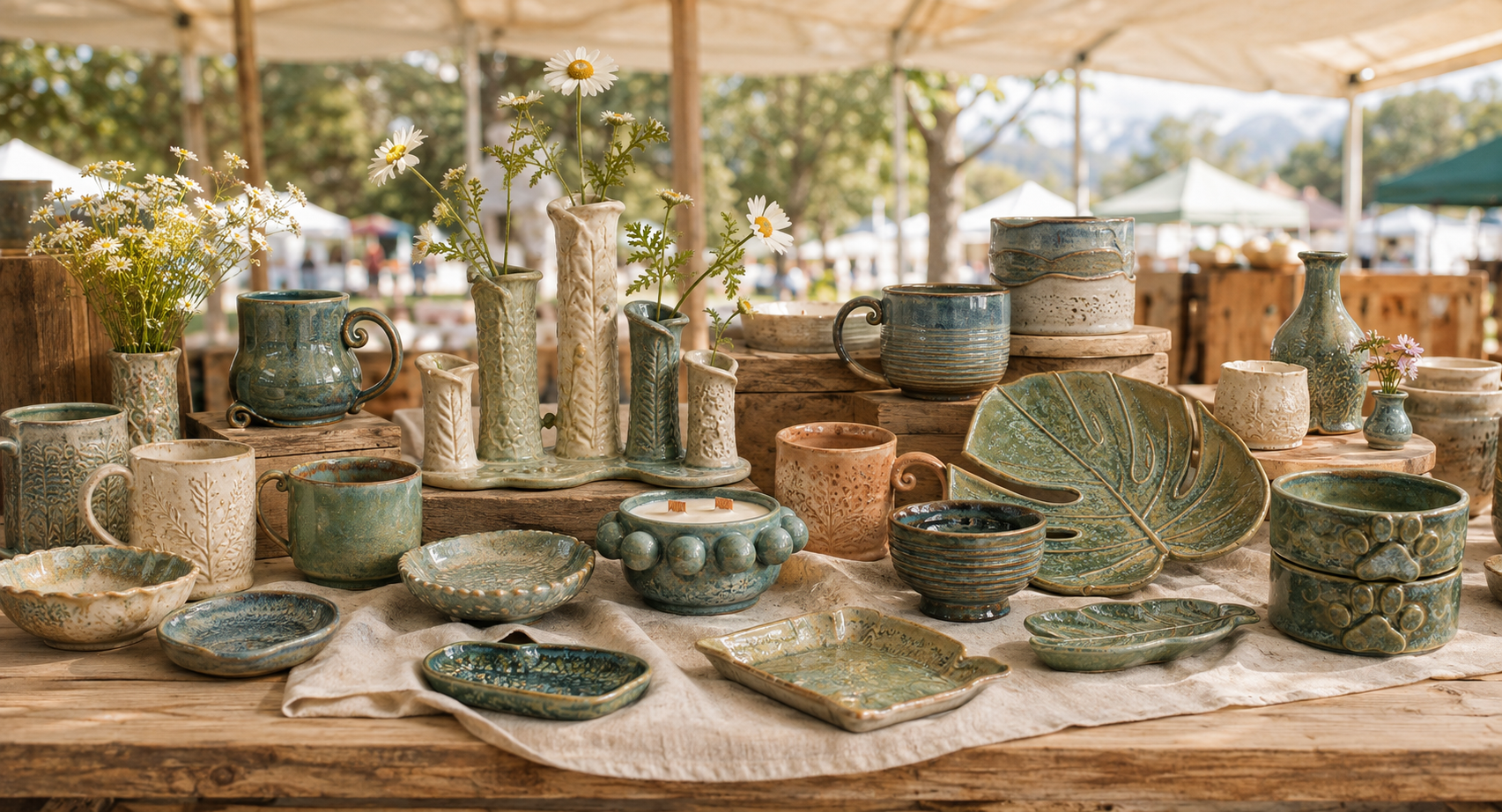 Handmade pottery displayed on a market table at a local craft fair
